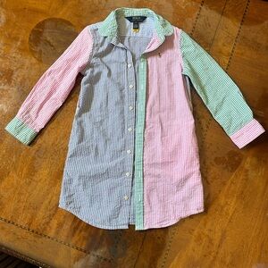 Ralph Lauren Seersucker Fun Shirt Dress Size 5 Pink Green Blue Striped Girls